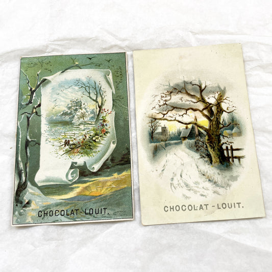 Late 19th Century - Two French Chocolat-Louit Advertising Cards - Winter Scenes Collectible Chromos - Vintage Confectionery Ephemera