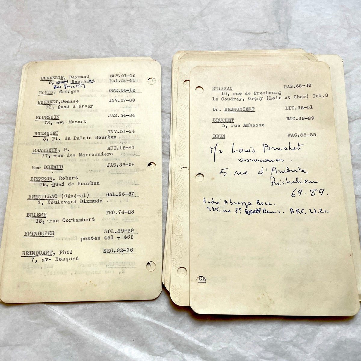 1950s French index cards lot with typed and handwritten Parisian names, addresses, and vintage phone numbers.