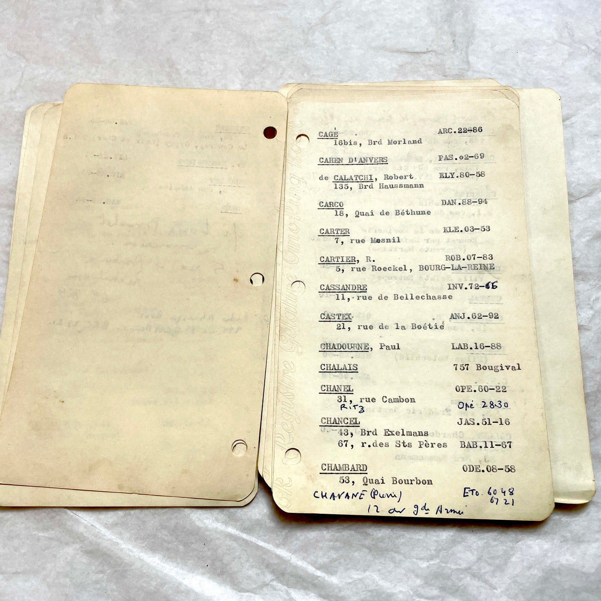 1950s French index cards lot with typed and handwritten Parisian names, addresses, and vintage phone numbers.