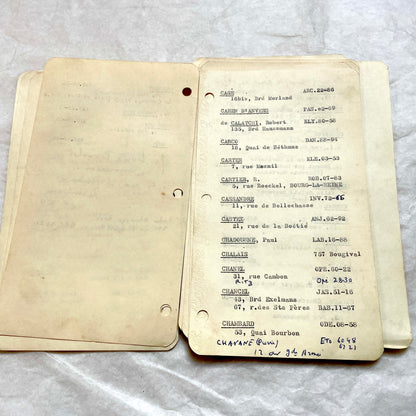 1950s French index cards lot with typed and handwritten Parisian names, addresses, and vintage phone numbers.