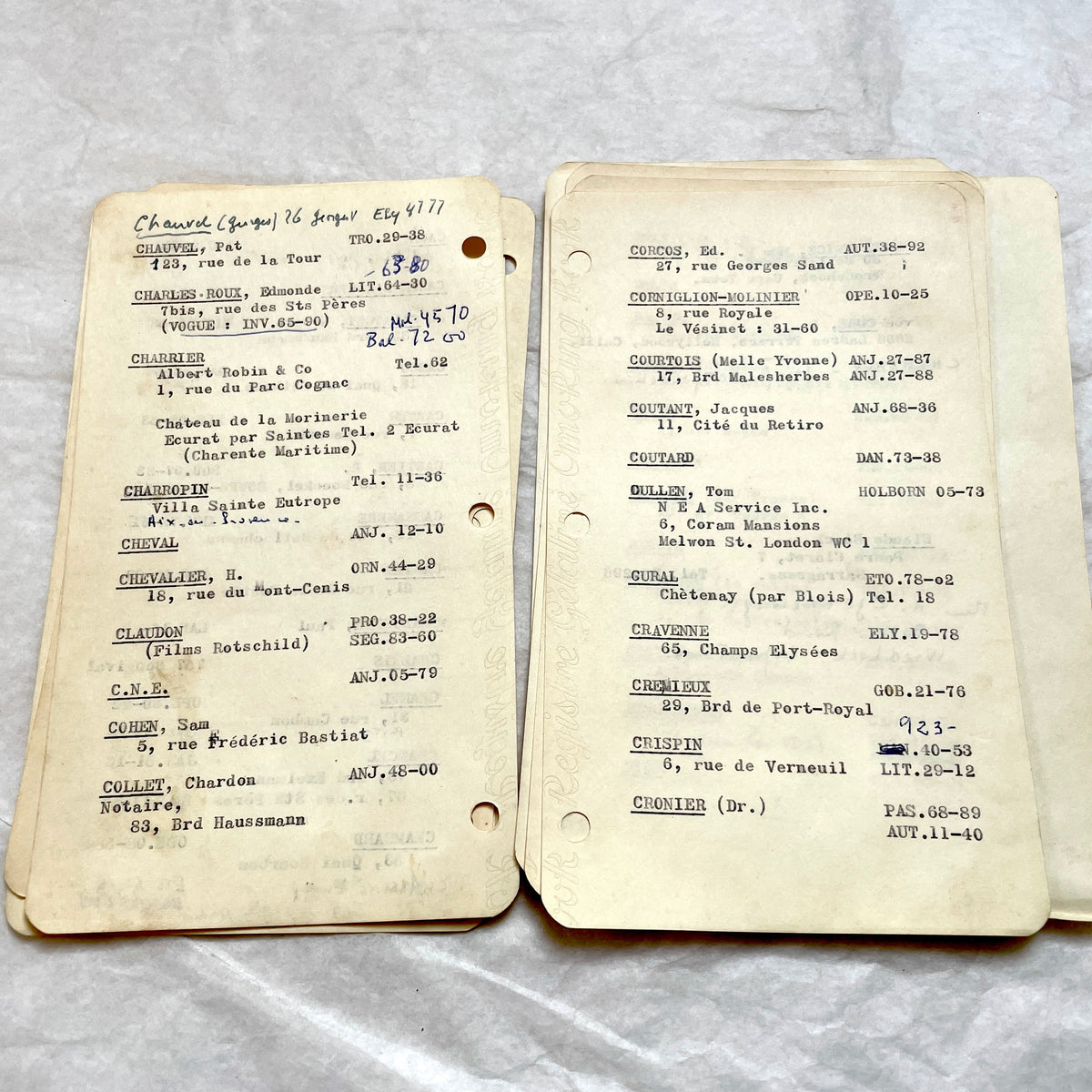 1950s French index cards lot with typed and handwritten Parisian names, addresses, and vintage phone numbers.