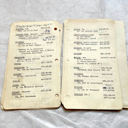1950s French index cards lot with typed and handwritten Parisian names, addresses, and vintage phone numbers.