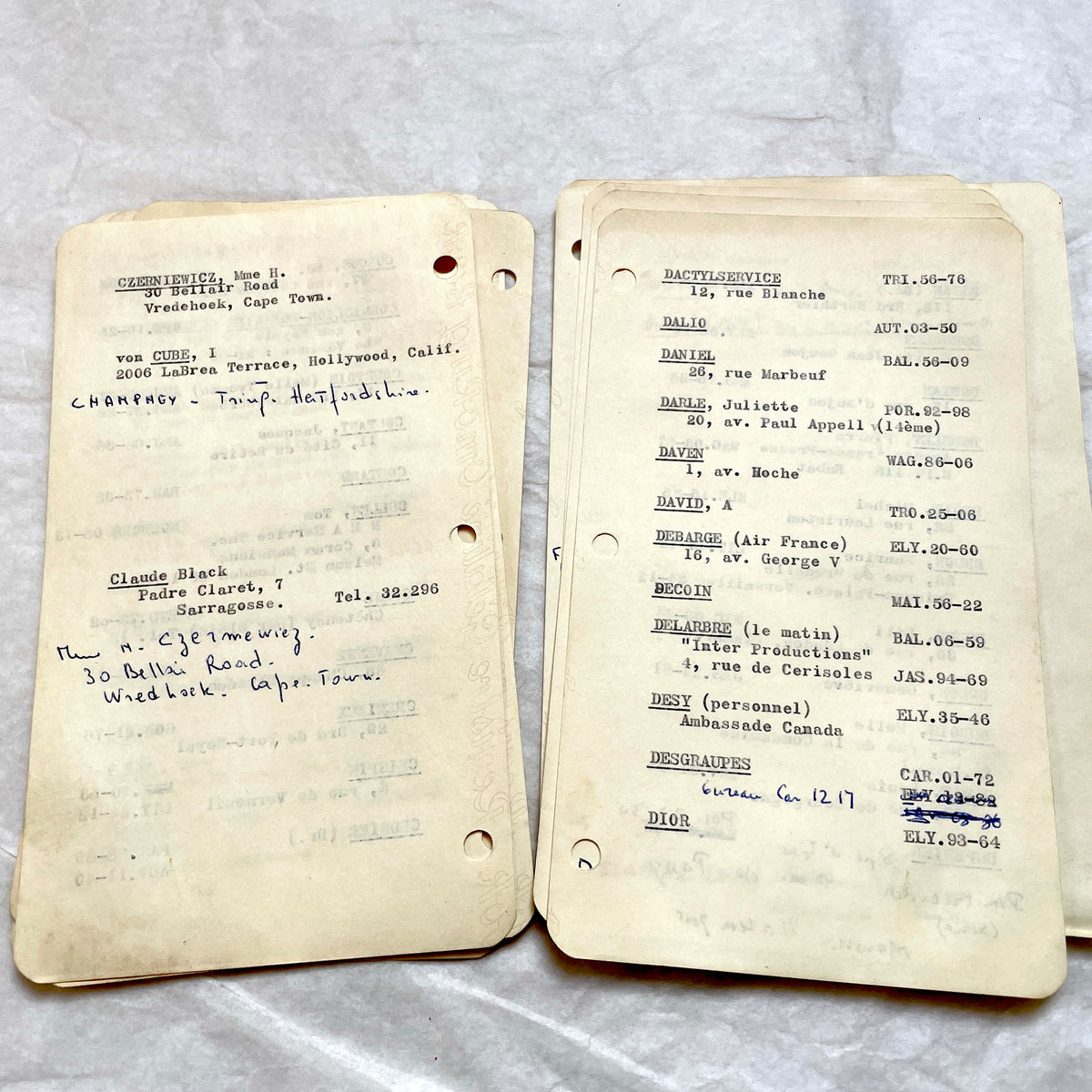 1950s French index cards lot with typed and handwritten Parisian names, addresses, and vintage phone numbers.