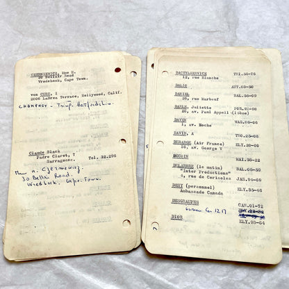 1950s French index cards lot with typed and handwritten Parisian names, addresses, and vintage phone numbers.
