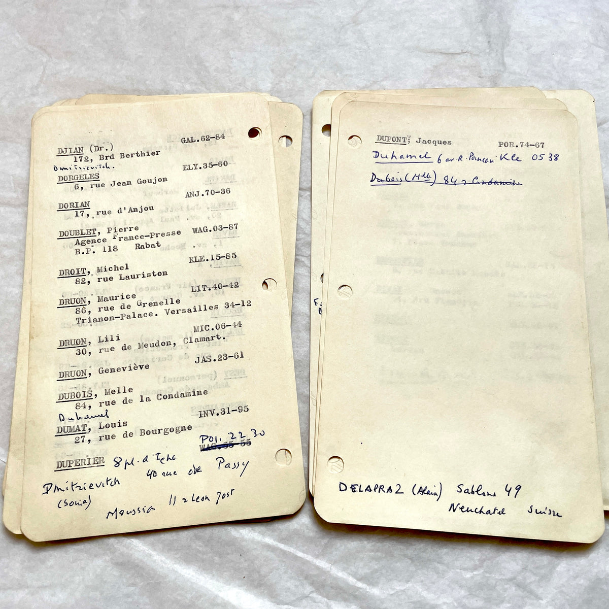 1950s French index cards lot with typed and handwritten Parisian names, addresses, and vintage phone numbers.