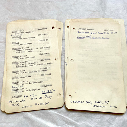 1950s French index cards lot with typed and handwritten Parisian names, addresses, and vintage phone numbers.