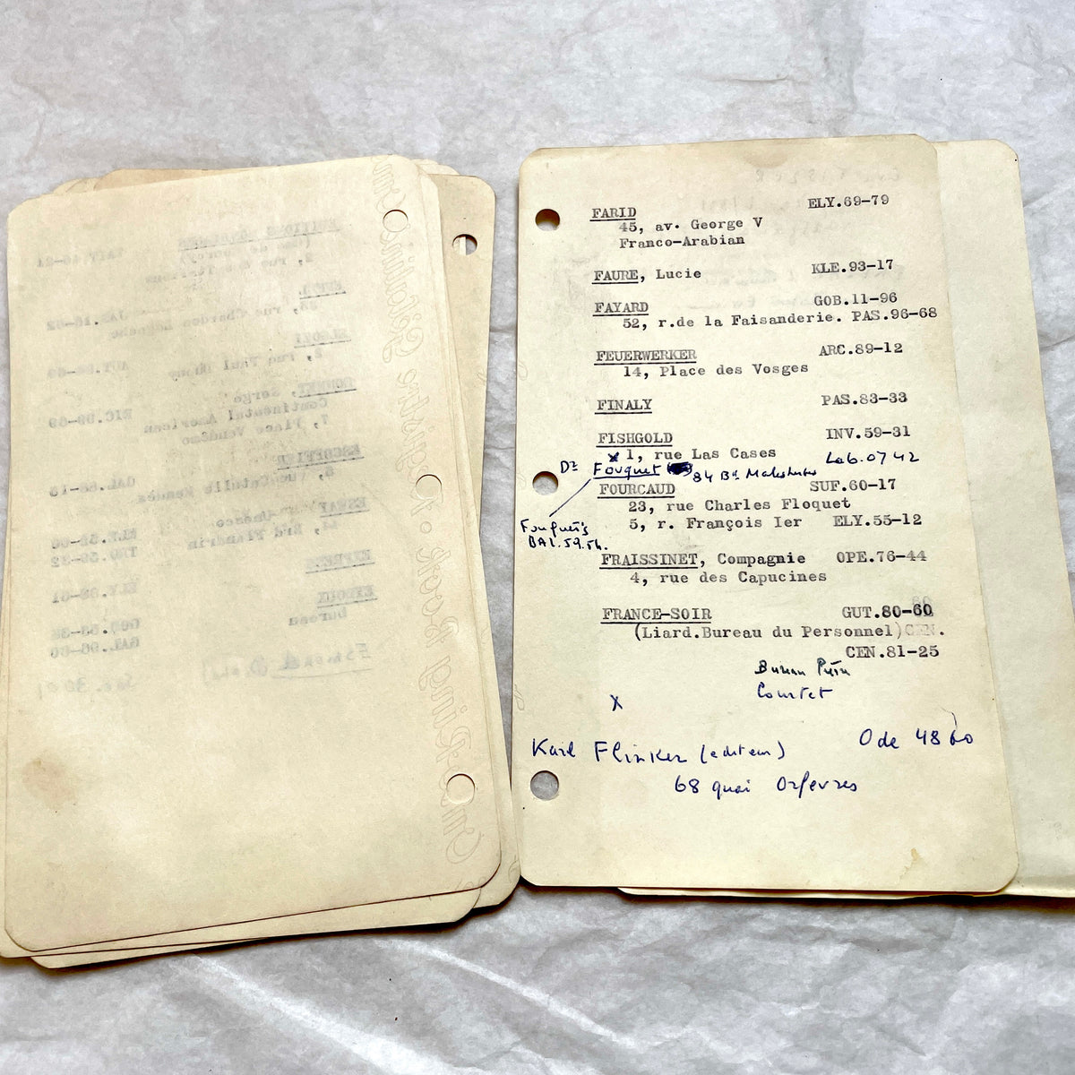 1950s French index cards lot with typed and handwritten Parisian names, addresses, and vintage phone numbers.