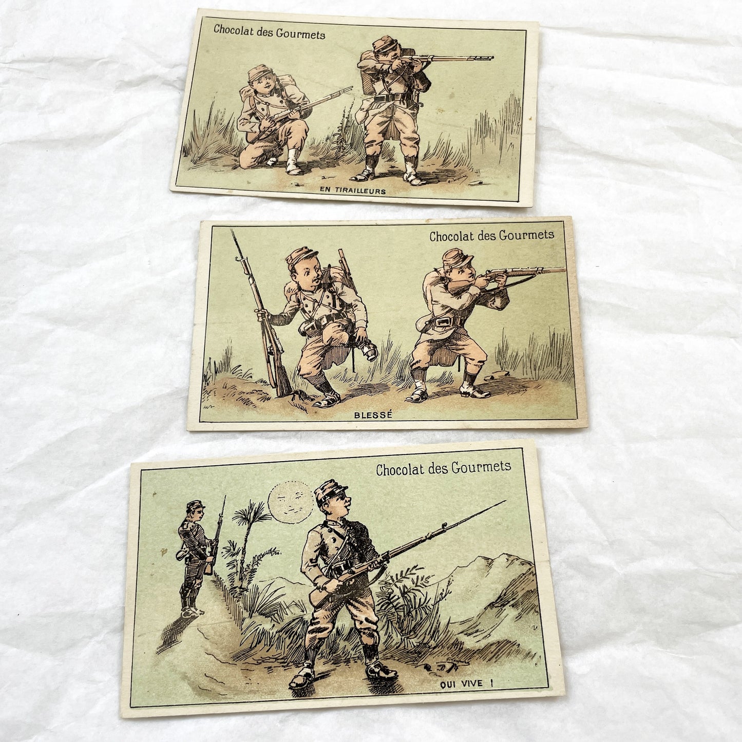 1900s - 3 French Military Trade Cards - Chocolat Des Gourmets - Vintage Soldier Chromos - Historical Advertising Art Collection