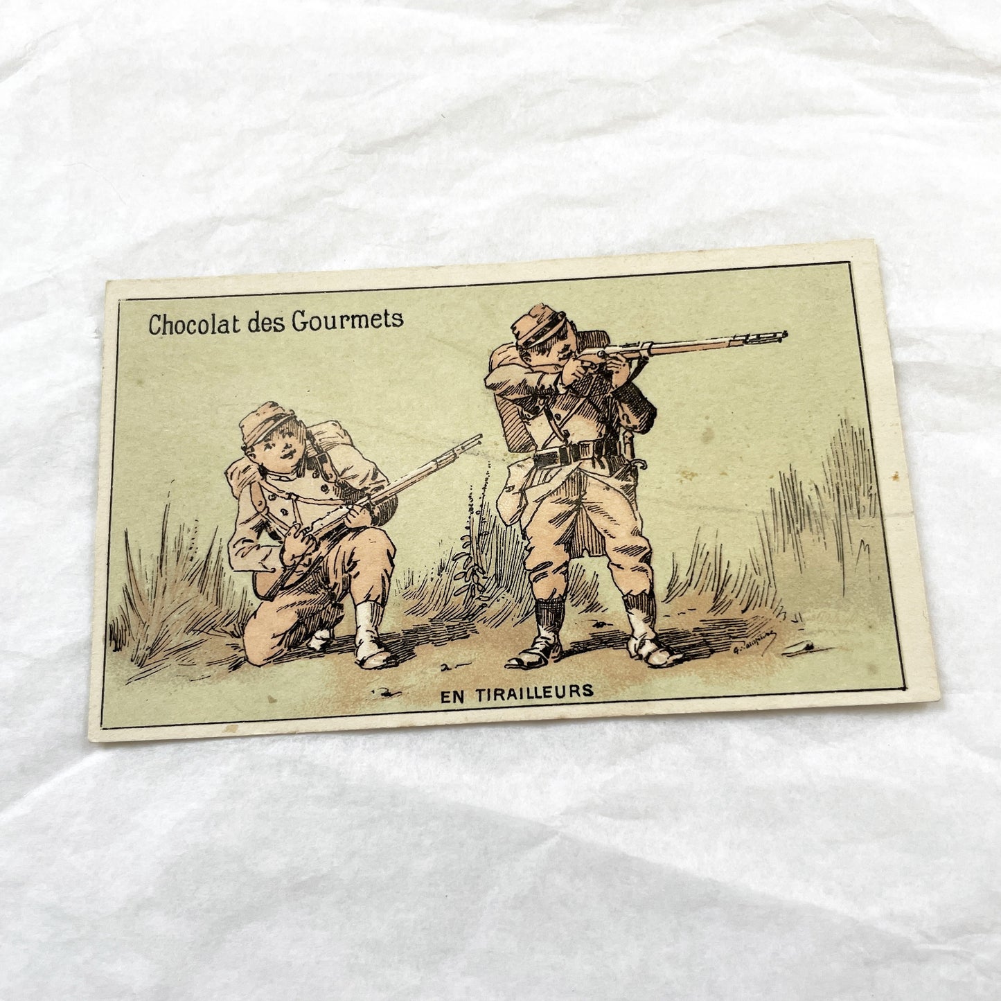 1900s - 3 French Military Trade Cards - Chocolat Des Gourmets - Vintage Soldier Chromos - Historical Advertising Art Collection