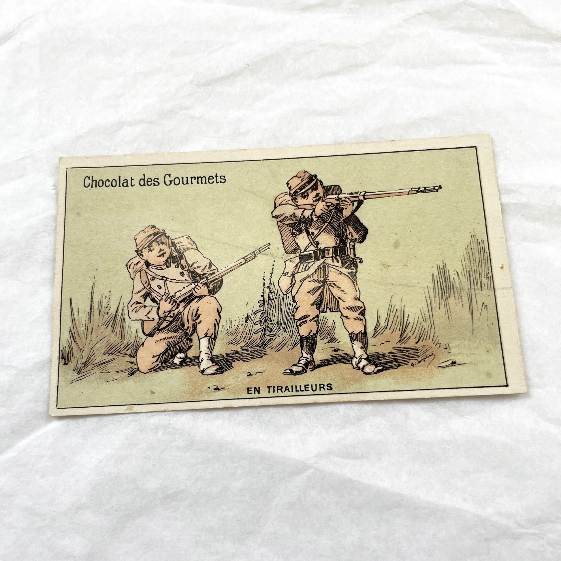 1900s - 3 French Military Trade Cards - Chocolat Des Gourmets - Vintage Soldier Chromos - Historical Advertising Art Collection