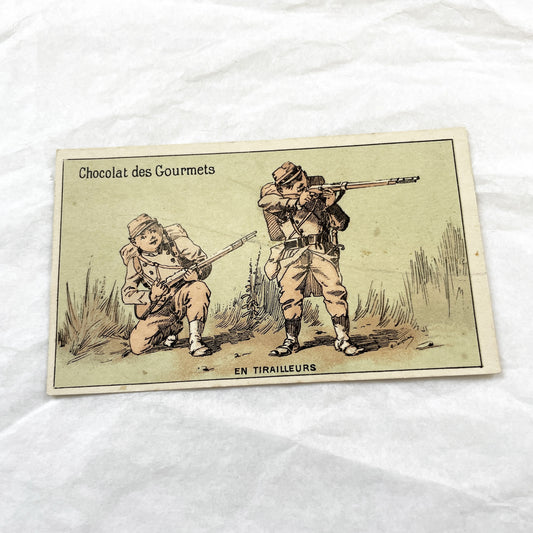 1900s - 3 French Military Trade Cards - Chocolat Des Gourmets - Vintage Soldier Chromos - Historical Advertising Art Collection
