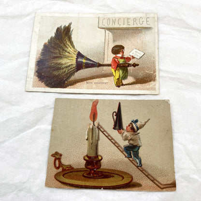 Late 19th - Two Humorous Vintage French Chromos - Child Concierge on Feather Duster - Boy with Candle Snuffer Ladder - Ephemera Artwork