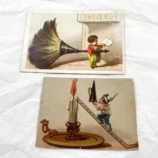 Late 19th - Two Humorous Vintage French Chromos - Child Concierge on Feather Duster - Boy with Candle Snuffer Ladder - Ephemera Artwork