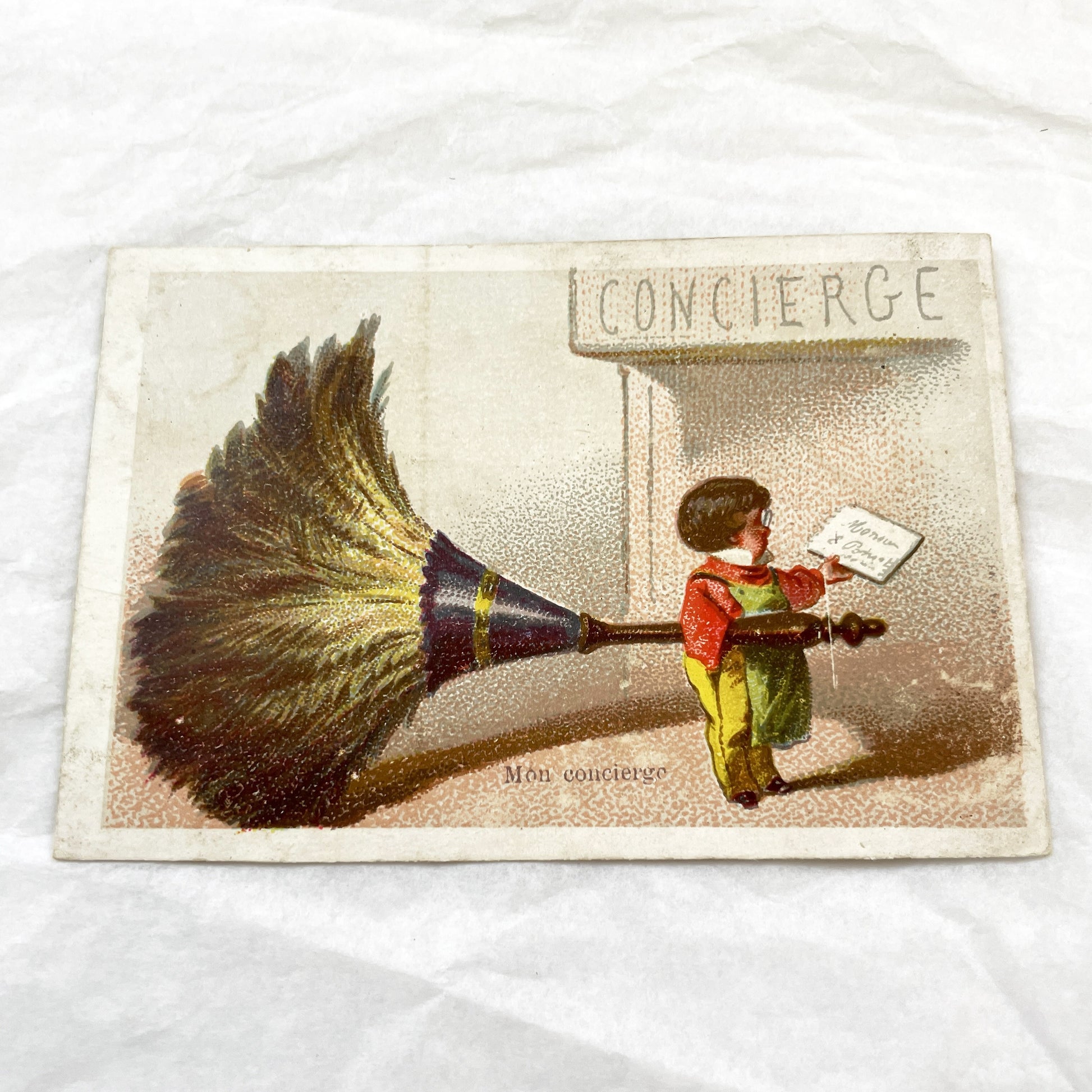 Late 19th - Two Humorous Vintage French Chromos - Child Concierge on Feather Duster - Boy with Candle Snuffer Ladder - Ephemera Artwork