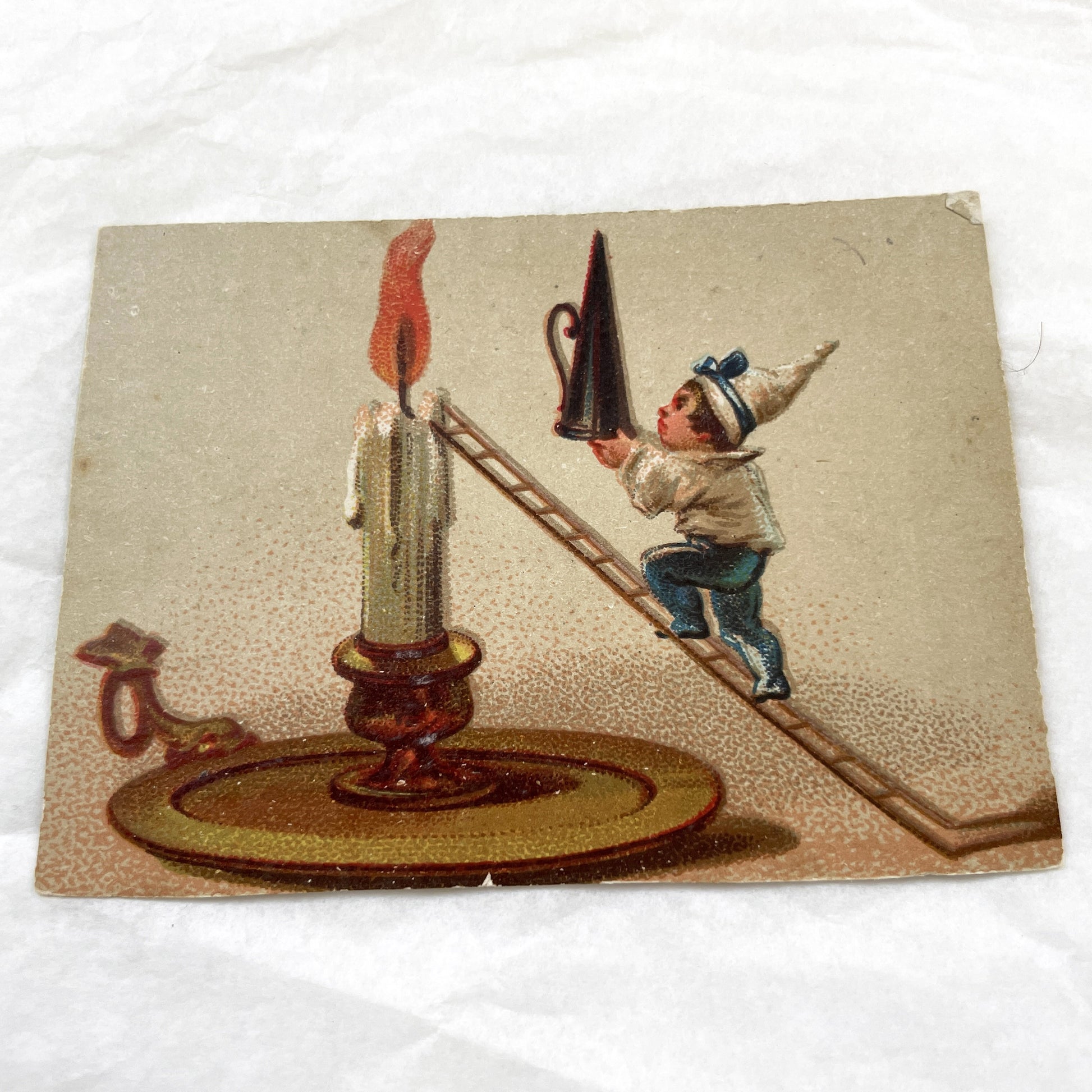 Late 19th - Two Humorous Vintage French Chromos - Child Concierge on Feather Duster - Boy with Candle Snuffer Ladder - Ephemera Artwork