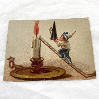 Late 19th - Two Humorous Vintage French Chromos - Child Concierge on Feather Duster - Boy with Candle Snuffer Ladder - Ephemera Artwork