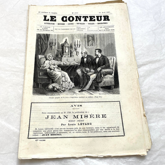 Late 19th century French 'Le Conteur' journal issue from 1881, featuring a detailed engraving of a domestic scene.