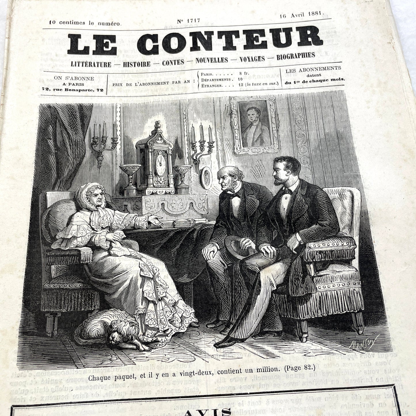 Late 19th century French 'Le Conteur' journal issue from 1881, featuring a detailed engraving of a domestic scene.
