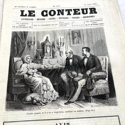 Late 19th century French 'Le Conteur' journal issue from 1881, featuring a detailed engraving of a domestic scene.