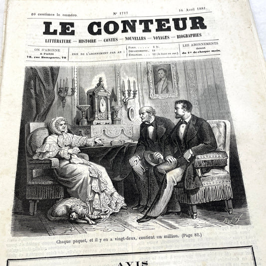 Late 19th century French 'Le Conteur' journal issue from 1881, featuring a detailed engraving of a domestic scene.
