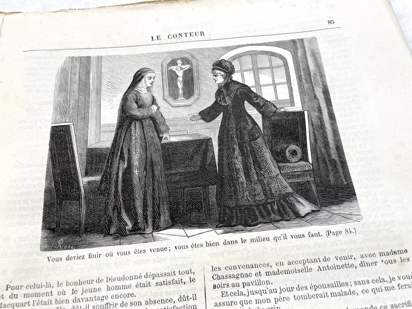 Late 19th century French 'Le Conteur' journal issue from 1881, featuring a detailed engraving of a domestic scene.