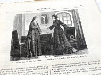 Late 19th century French 'Le Conteur' journal issue from 1881, featuring a detailed engraving of a domestic scene.
