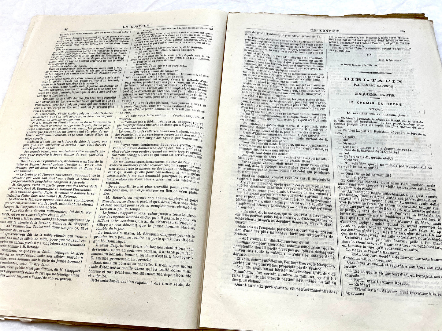 Late 19th century French 'Le Conteur' journal issue from 1881, featuring a detailed engraving of a domestic scene.
