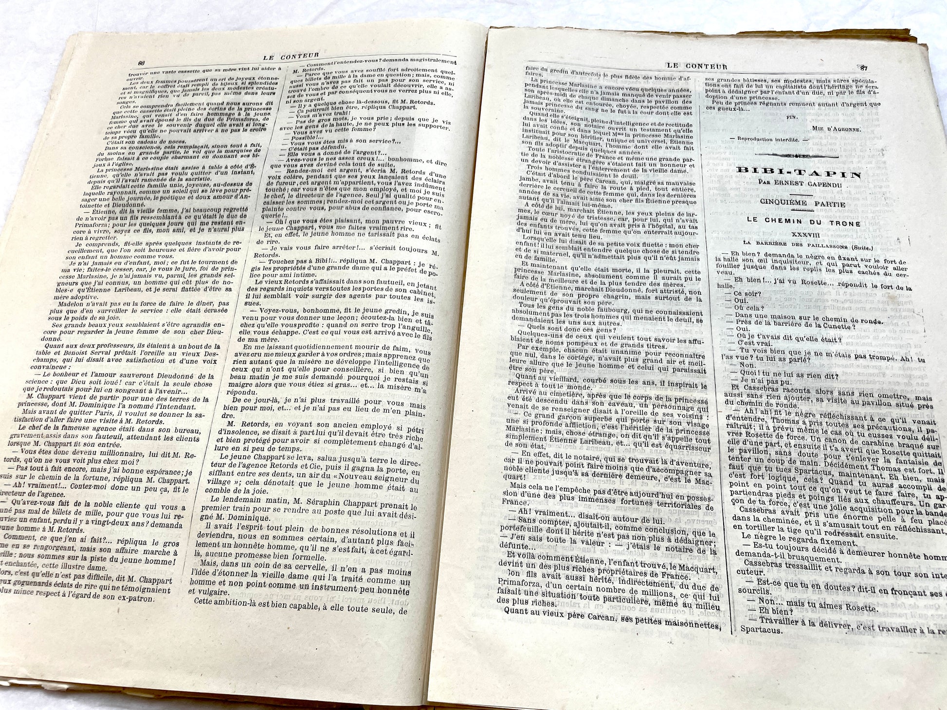 Late 19th century French 'Le Conteur' journal issue from 1881, featuring a detailed engraving of a domestic scene.