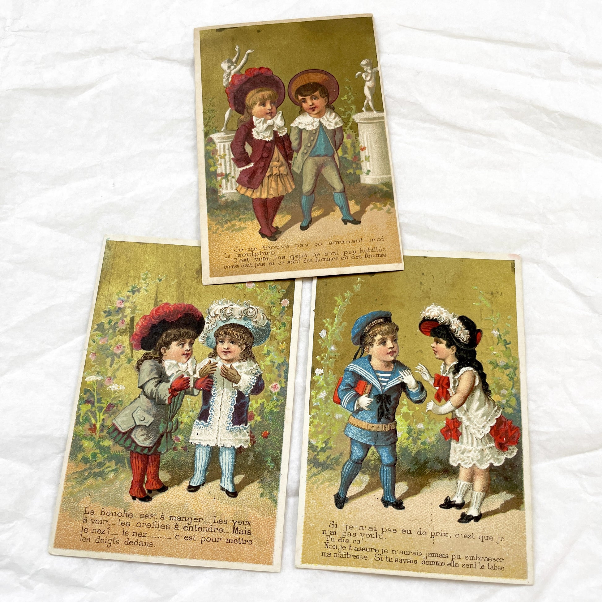 Late 19th - Antique French Chromo Cards - Victorian Children Illustrations - Humorous Sentimental Rhymes - Collectible Ephemera