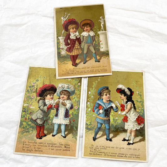 Late 19th - Antique French Chromo Cards - Victorian Children Illustrations - Humorous Sentimental Rhymes - Collectible Ephemera