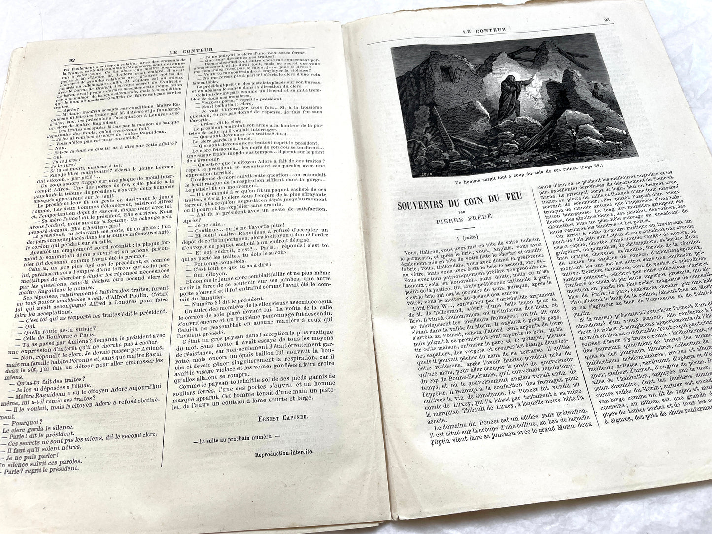 Late 19th century French 'Le Conteur' journal issue from 1881, featuring a detailed engraving of a domestic scene.