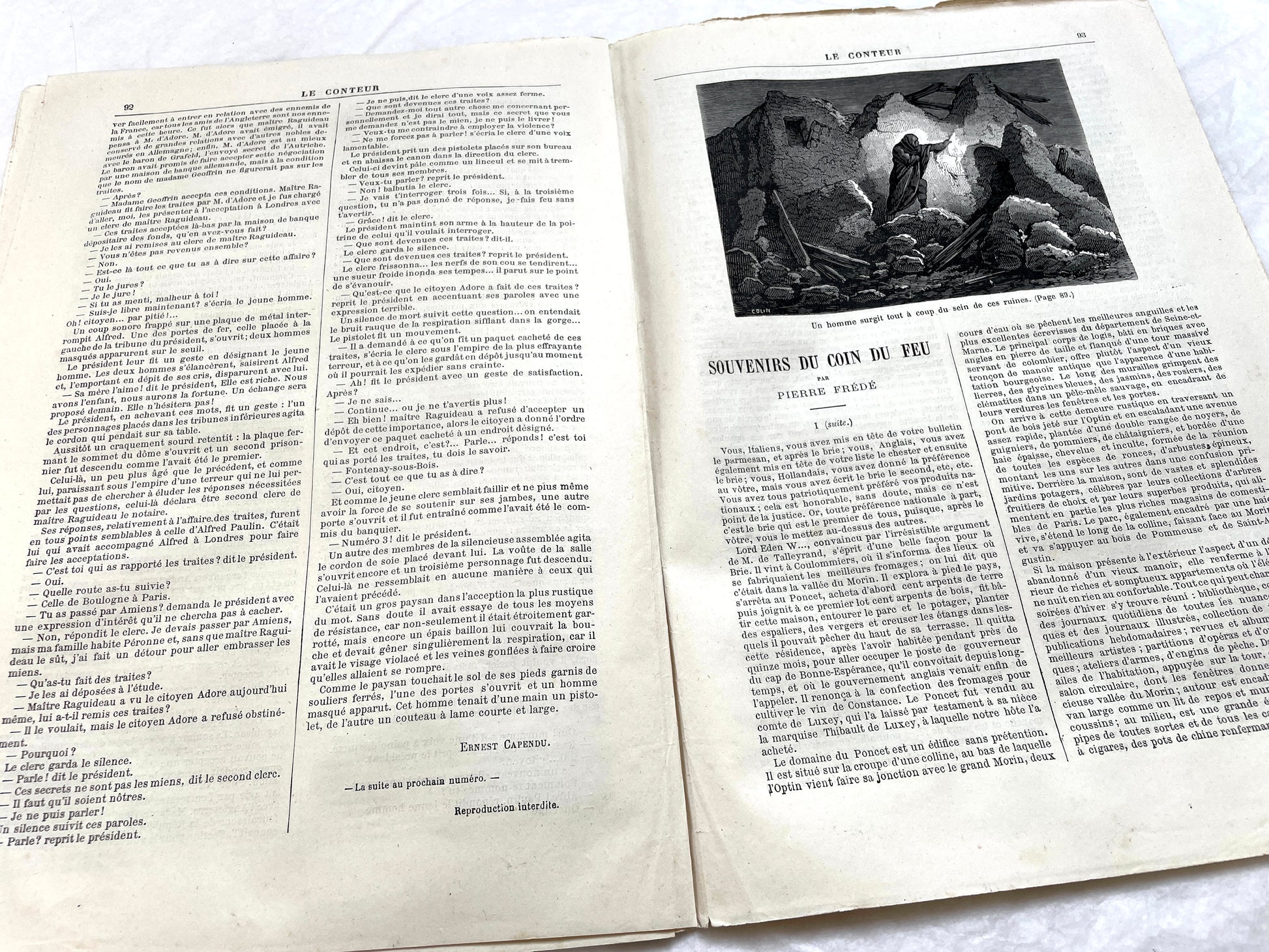 Late 19th century French 'Le Conteur' journal issue from 1881, featuring a detailed engraving of a domestic scene.