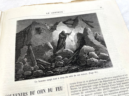 Late 19th century French 'Le Conteur' journal issue from 1881, featuring a detailed engraving of a domestic scene.