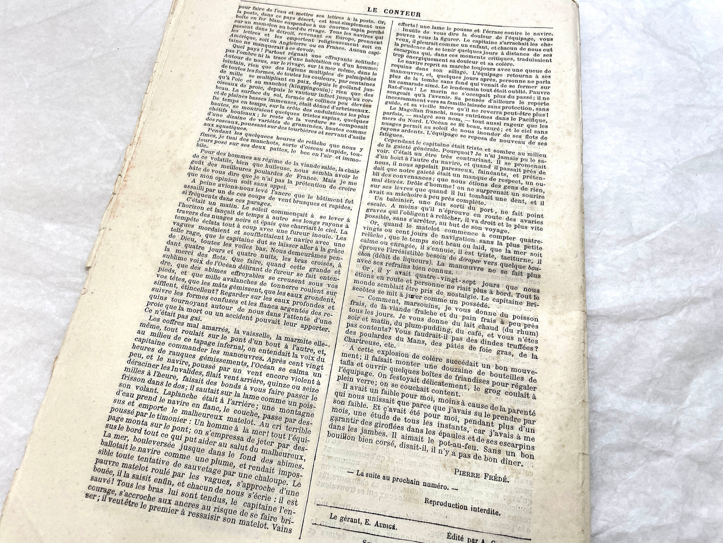 Late 19th century French 'Le Conteur' journal issue from 1881, featuring a detailed engraving of a domestic scene.