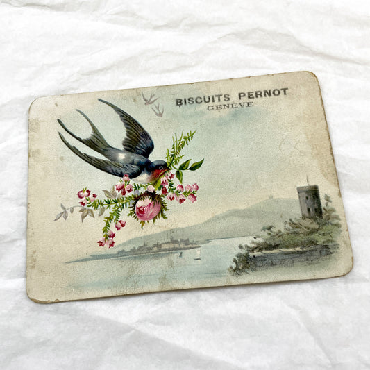 Late 19th - Biscuits Pernot Advertising Card Geneva - Vintage Chromo Trade Card Lake Geneva Swallows Roses - Collectible Ephemera Art