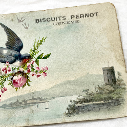 Late 19th - Biscuits Pernot Advertising Card Geneva - Vintage Chromo Trade Card Lake Geneva Swallows Roses - Collectible Ephemera Art