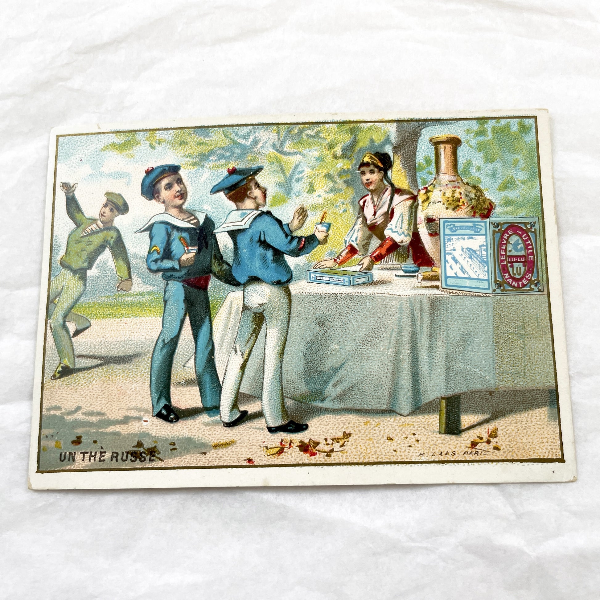 Late 19th Century - French Advertising Chromo Card - Lefevre Utile Biscuit Promotion - Russian Tea Scene - Sailor Boys - Antique Art