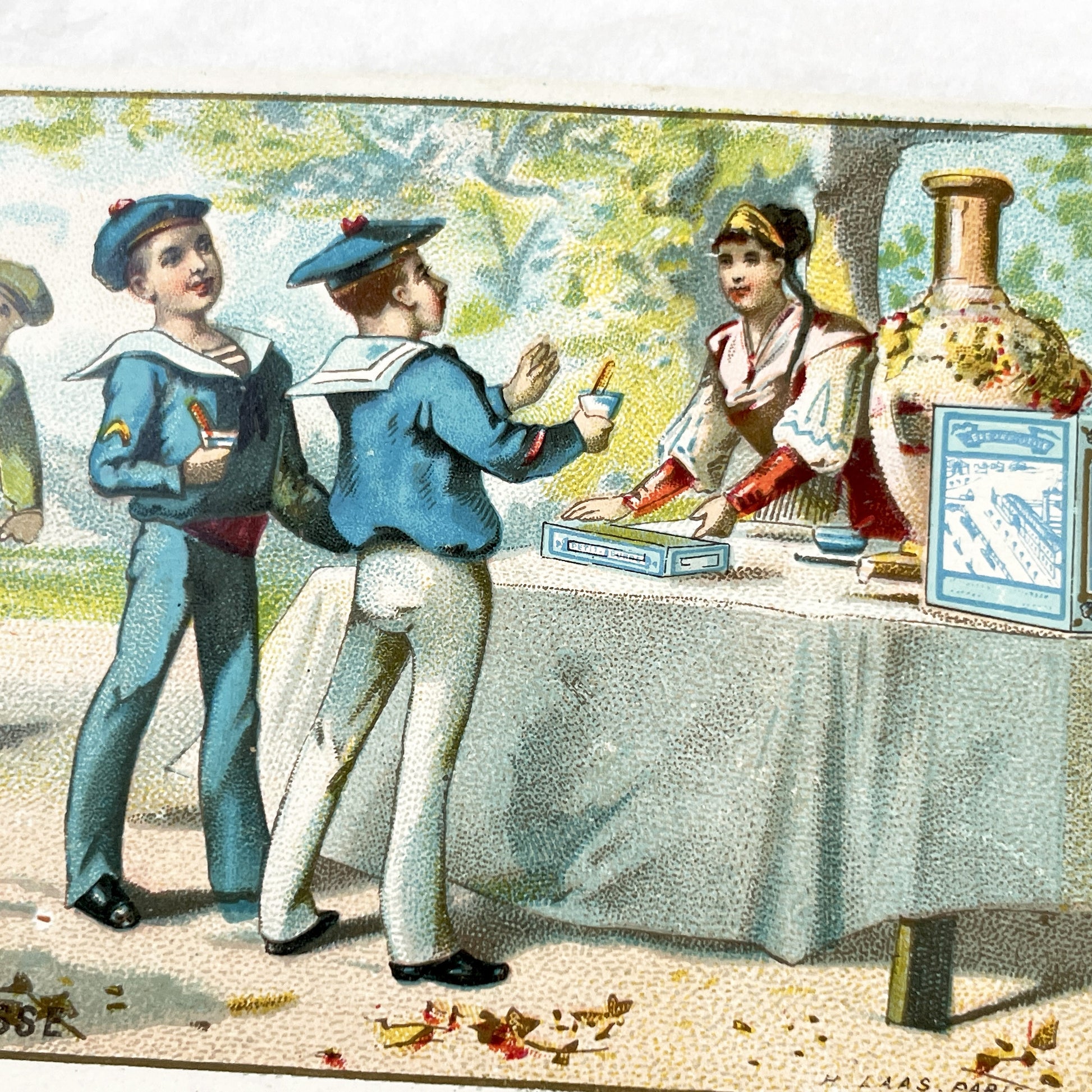 Late 19th Century - French Advertising Chromo Card - Lefevre Utile Biscuit Promotion - Russian Tea Scene - Sailor Boys - Antique Art