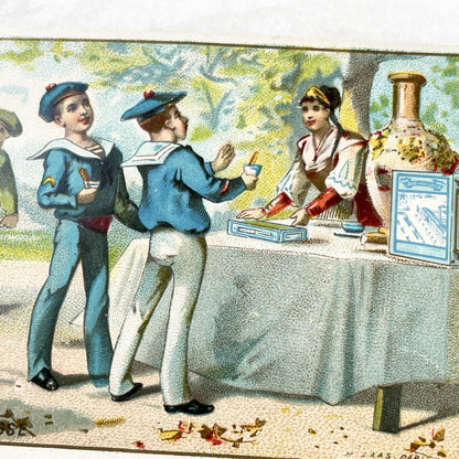 Late 19th Century - French Advertising Chromo Card - Lefevre Utile Biscuit Promotion - Russian Tea Scene - Sailor Boys - Antique Art