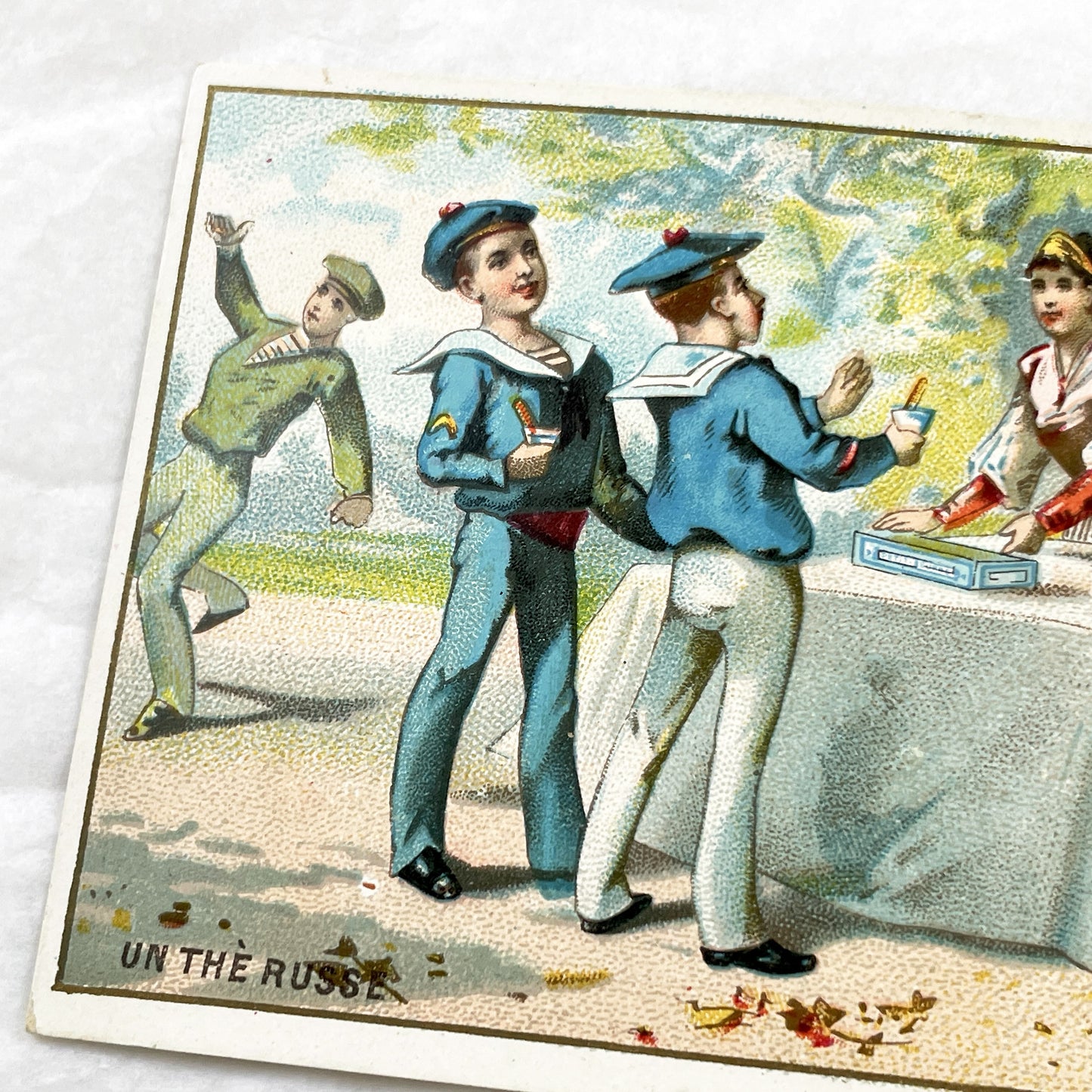 Late 19th Century - French Advertising Chromo Card - Lefevre Utile Biscuit Promotion - Russian Tea Scene - Sailor Boys - Antique Art