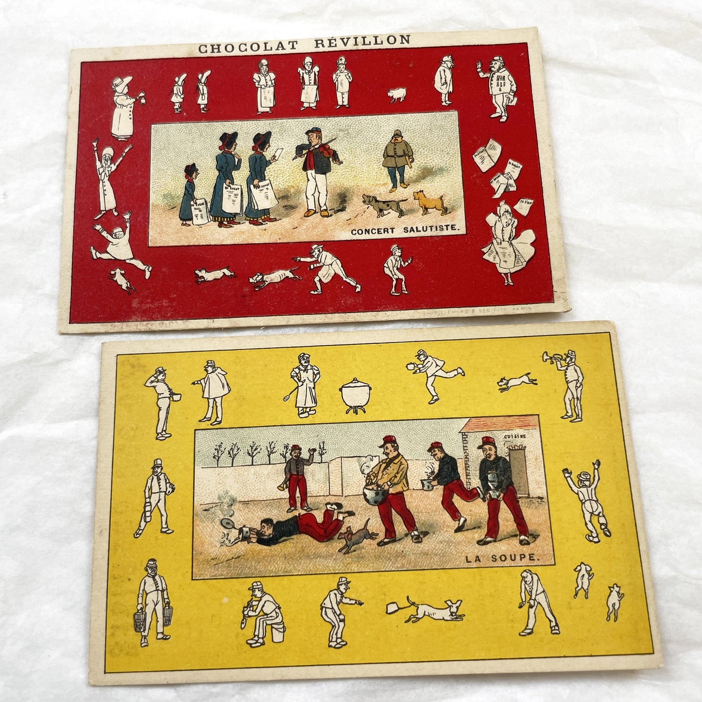 Late 19th - Two Chocolat Revillon Advertising Trade Cards - Antique French Chromos - Concert Salutiste - La Soupe - Vintage Paper Ephemera.