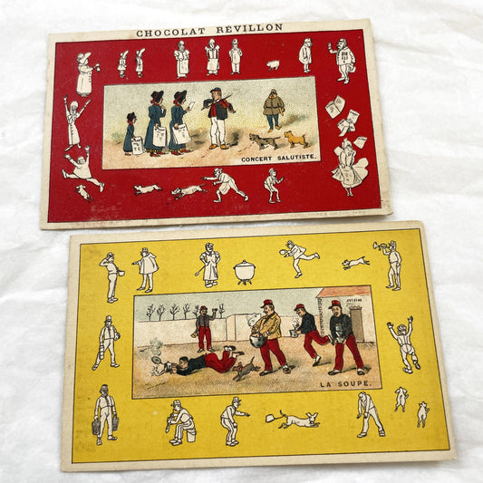 Late 19th - Two Chocolat Revillon Advertising Trade Cards - Antique French Chromos - Concert Salutiste - La Soupe - Vintage Paper Ephemera.