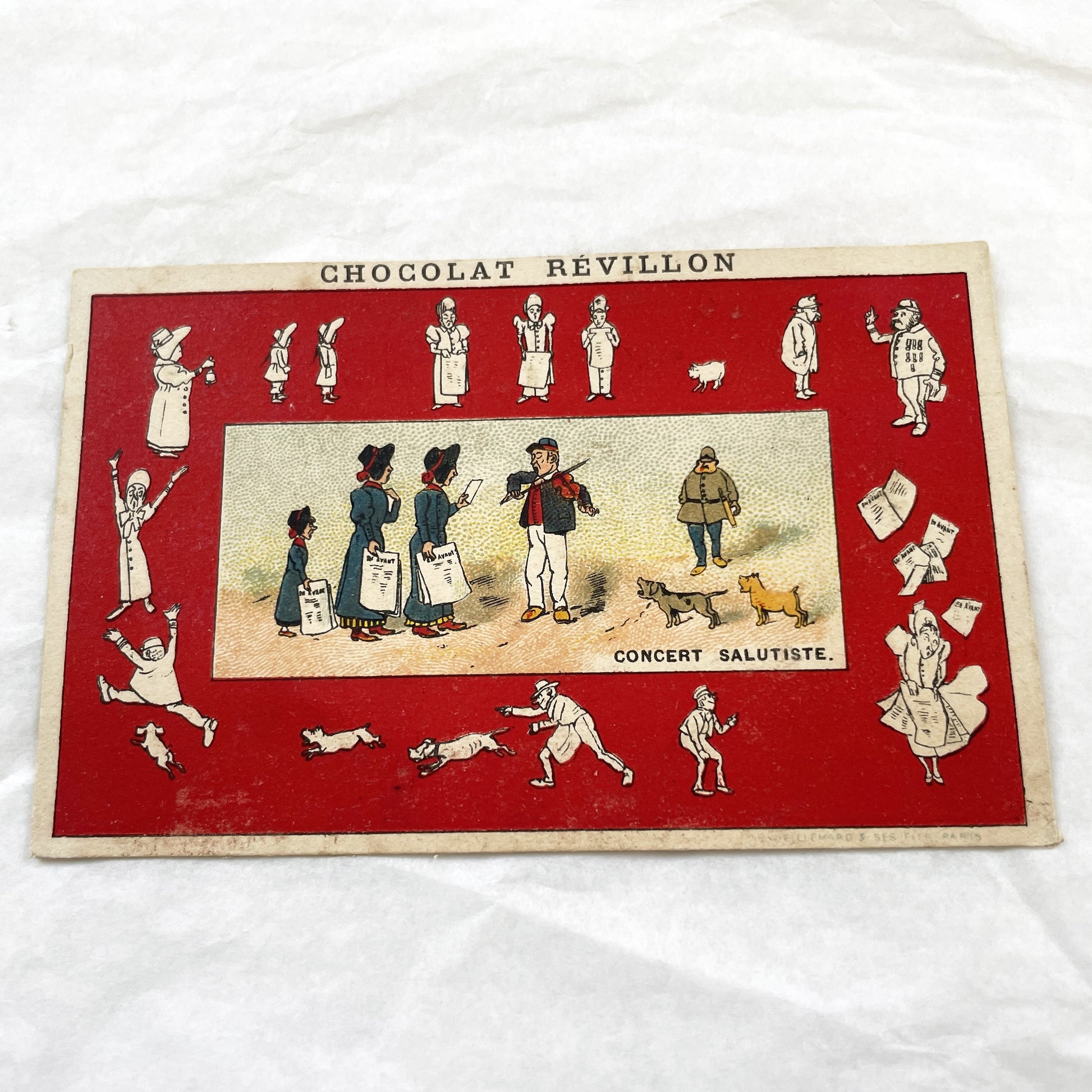 Late 19th - Two Chocolat Revillon Advertising Trade Cards - Antique French Chromos - Concert Salutiste - La Soupe - Vintage Paper Ephemera.