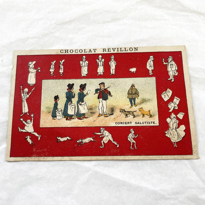 Late 19th - Two Chocolat Revillon Advertising Trade Cards - Antique French Chromos - Concert Salutiste - La Soupe - Vintage Paper Ephemera.