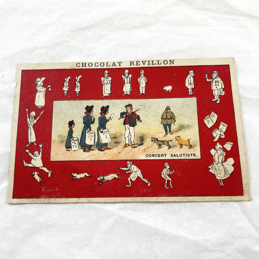 Late 19th - Two Chocolat Revillon Advertising Trade Cards - Antique French Chromos - Concert Salutiste - La Soupe - Vintage Paper Ephemera.
