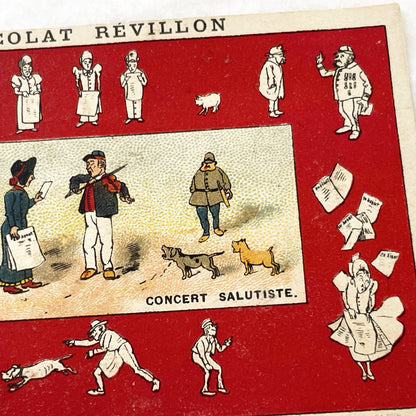 Late 19th - Two Chocolat Revillon Advertising Trade Cards - Antique French Chromos - Concert Salutiste - La Soupe - Vintage Paper Ephemera.