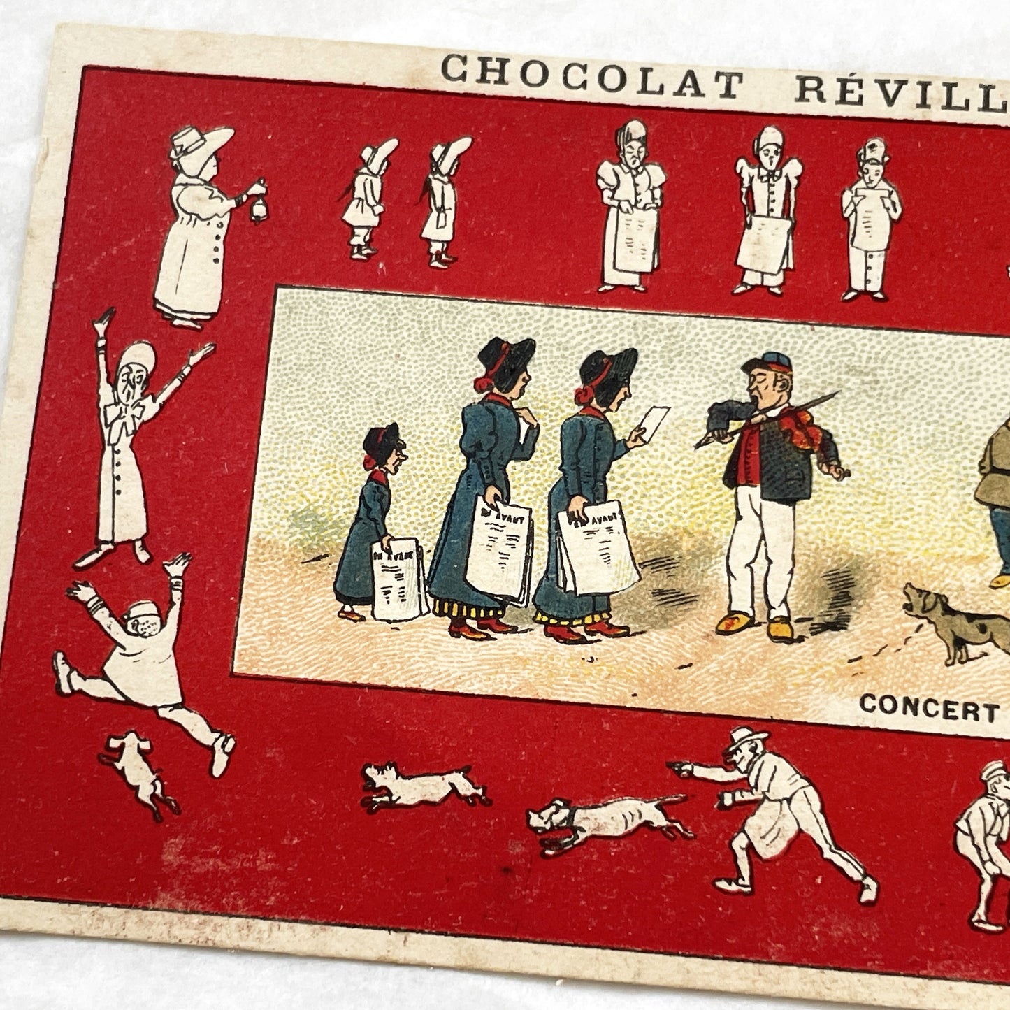 Late 19th - Two Chocolat Revillon Advertising Trade Cards - Antique French Chromos - Concert Salutiste - La Soupe - Vintage Paper Ephemera.