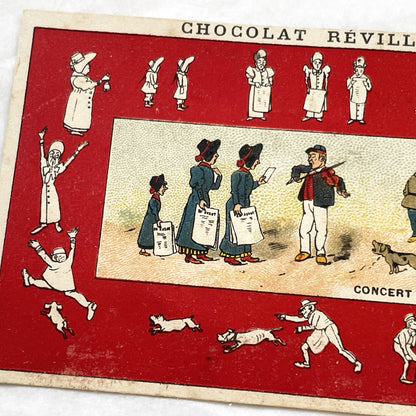 Late 19th - Two Chocolat Revillon Advertising Trade Cards - Antique French Chromos - Concert Salutiste - La Soupe - Vintage Paper Ephemera.