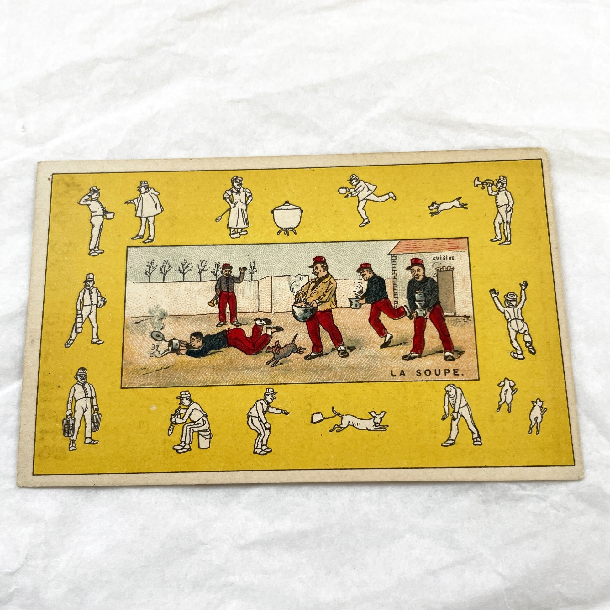 Late 19th - Two Chocolat Revillon Advertising Trade Cards - Antique French Chromos - Concert Salutiste - La Soupe - Vintage Paper Ephemera.