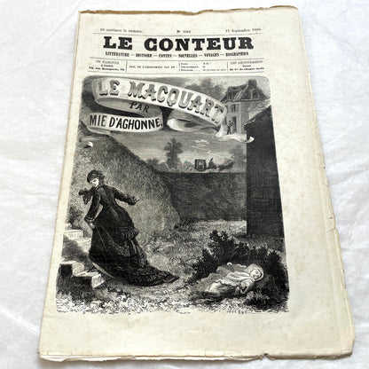 Late 19th French newspaper, Le Conteur, 1880. Illustrated cover with woman, child, and horse-drawn carriage scene.